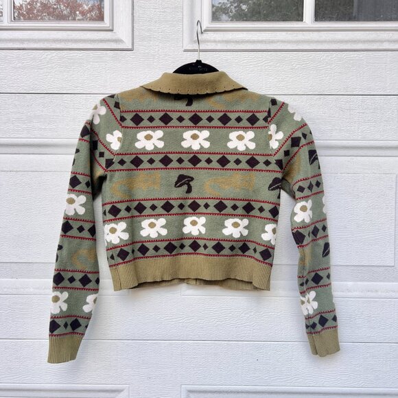 Cider Detail Collar Button Cardigan w Mushrooms Flowers Retro Print - Picture 3 of 5